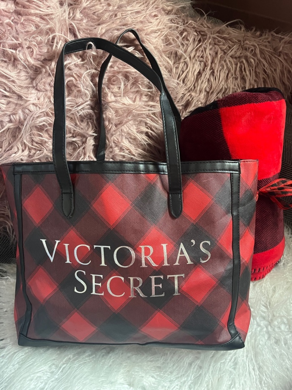 Victoria's Secret Red and Black Plaid Tote Bag & Throw